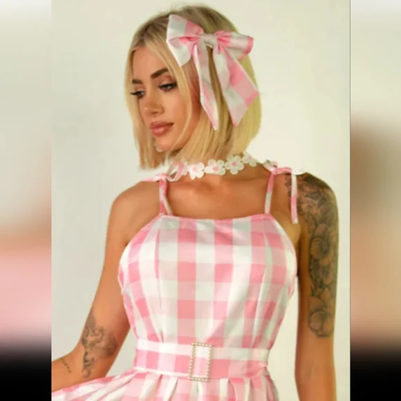Pink & White Gingham Tie Shoulder Fit To Flare Dress + Costume Accessories (L) - Picture 14 of 16